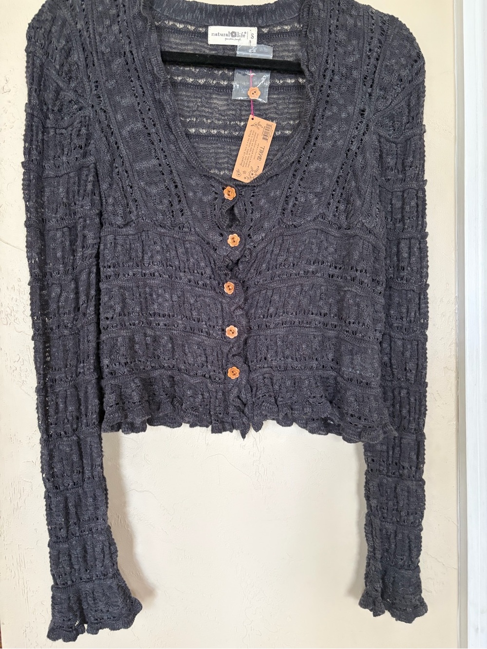 NATURAL LIFE Black Open-Knit Button Front Women's Cardigan